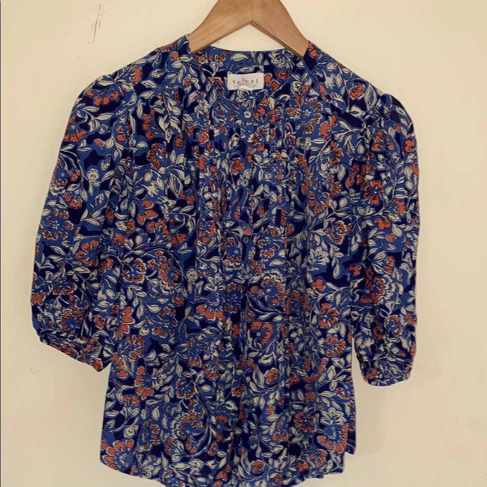 Velvet by Graham & Spencer Indian blue red block print button up top Sz XS
